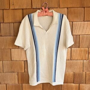 Marine Layer Cream Knit Polo with Blue Vertical Stripes